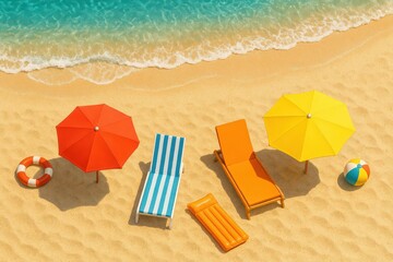 Summer Beach Relaxation: Idyllic Seaside Scene with Umbrellas, Loungers, and Beach Ball