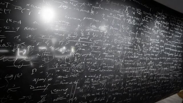 Dynamic stock footage of a chalkboard covered in innovative scientific equations.