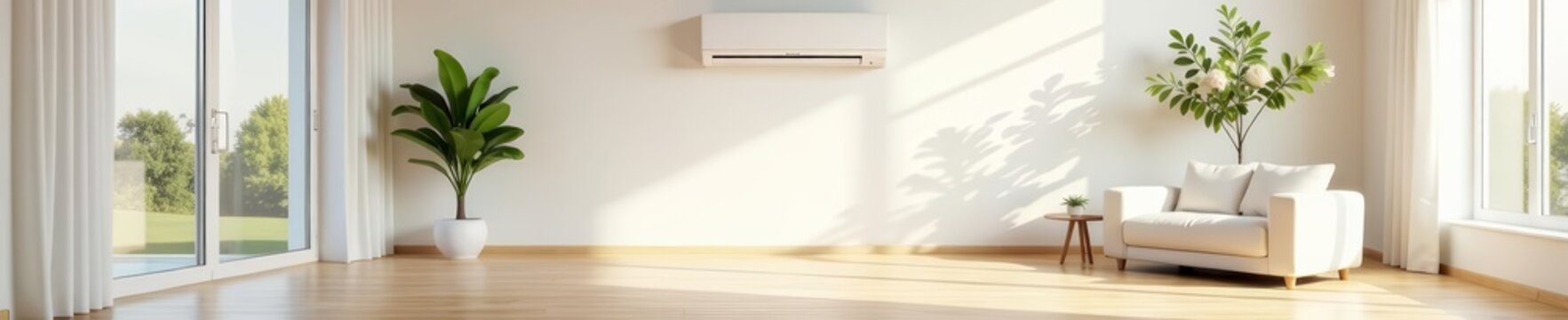 Minimalist design of a clean living room with split ac unit, clean, device, living area