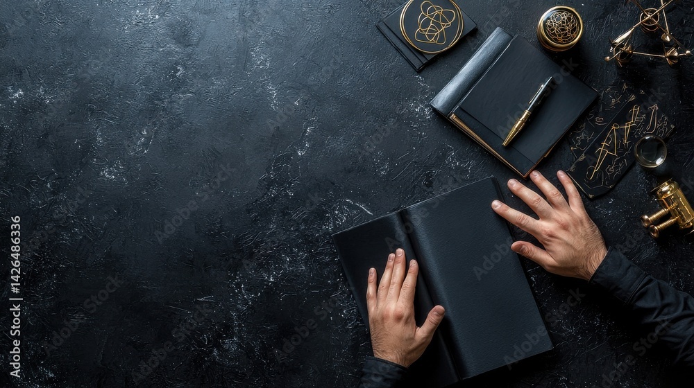 Poster a man is writing in a black book on a table