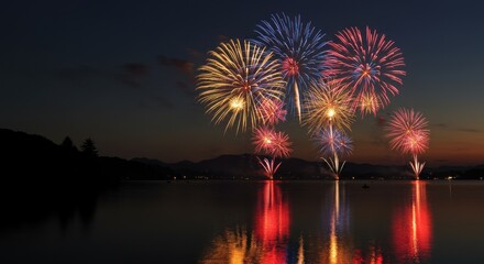Fireworks display over water at night