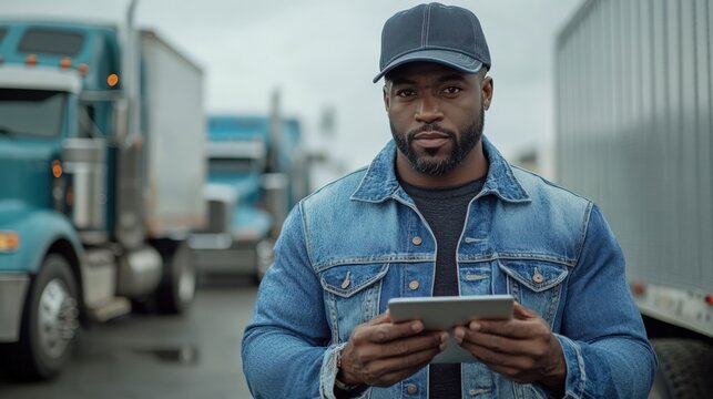 Focused driver using a tablet near trucks