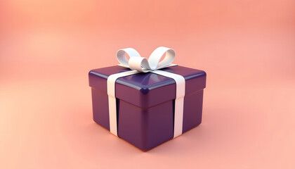 Obraz premium Glossy Dark Purple Gift Box with White Ribbon on Coral Background