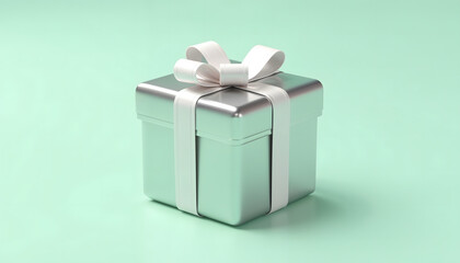 Shiny Silver Gift Box with White Bow on Mint Green Background