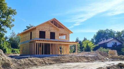 New home construction framing, wood, two-story house under construction on a sunny day.