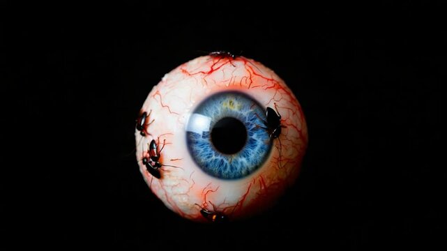 Giant human eyeball with realistic texture on black background evoking science fiction and fantasy themes