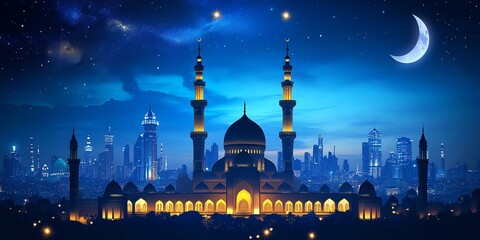 Night Cityscape Mosque Ramadan Crescent Moon