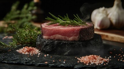 A rich, raw pork steak resting on black stone, garnished with pink Himalayan salt and fragrant rosemary sprigs