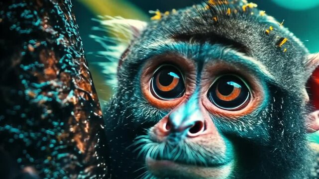 A curious monkey perched on a tree branch surrounded by vibrant green leaves and soft sunlight