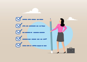 A confident businesswoman holding a giant pencil while standing next to a completed checklist