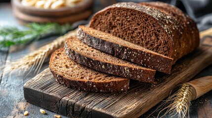 A rustic breakfast setup featuring slices of rye bread on a wooden cutting board, highlighting its grainy texture and soft crumb