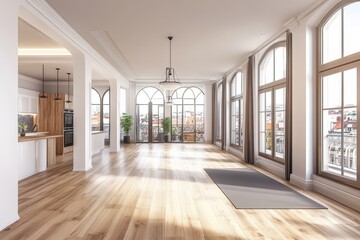 A mock-up of a modern yoga studio and gym interior, rendered in 3D, features a bright white color scheme, an empty brick wall, a window, and a view overlooking the city