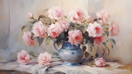 Garden roses vintage oil art print background poster decorative painting 