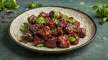 A rustic Mediterranean-inspired plate of sun-dried tomatoes, garnished with basil and sesame seeds, on a textured backdrop
