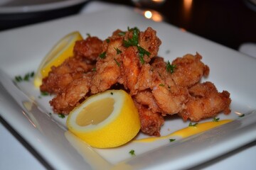 Fototapeta premium Fried calamari with lemon wedges.