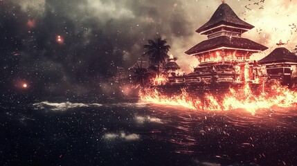 A traditional Nyepi Day festival poster with a glowing Bali temple and sacred energy
