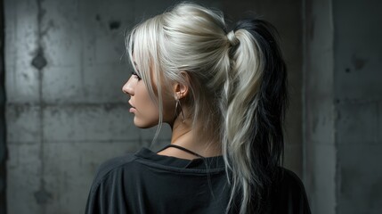 Fototapeta premium Stylish woman's ponytail with contrasting black and blonde hair.