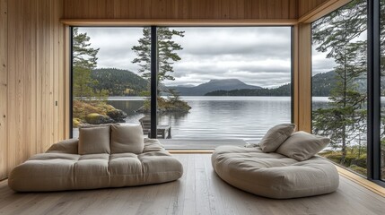 A tranquil and well-designed living room showcasing Scandinavian aesthetics, featuring functional and stylish furniture