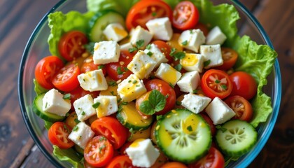 A colorful blend of fresh ingredients including ripe tomatoes, crisp cucumbers, creamy feta cheese, and drizzled with rich olive oil
