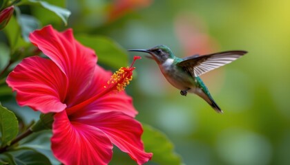 Obraz premium A small, vibrant hummingbird hovers gracefully in front of a bright red hibiscus flower