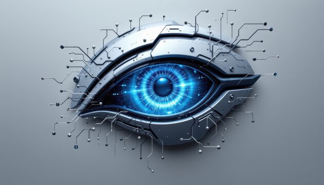 A sleek and sophisticated robotic eye design, with intricate details and a metallic finish that gives it a futuristic appearance