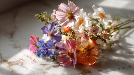 Vibrant bouquet of wildflowers rests on a marble surface.