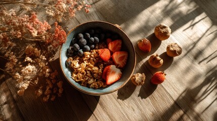 Fototapeta premium Colorful breakfast bowl with granola, berries, and fruit.