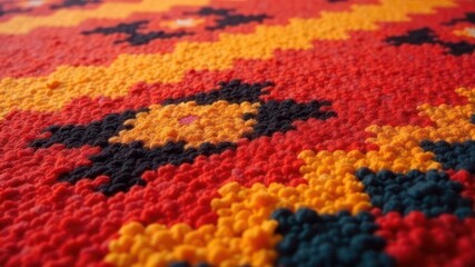 Fototapeta premium vibrant textured rug with geometric pattern in warm red, yellow, and black tones. home decor, interior design, cozy ambiance, traditional handmade craftsmanship.