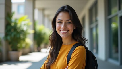 Young smiling latin girl college student or teacher looking at camera standing in university campus. Happy hispanic millennial woman professional posing in modern coworking creative office space.