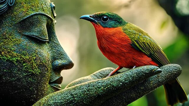 A vibrant bird perched on a moss-covered hand sculpture in a tranquil garden setting