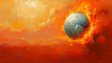 A fiery earth globe painting engulfed in orange and yellow flames set against a hot textured background