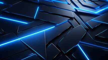 3d rendering of black and blue abstract geometric background. Scene for advertising, technology, showcase, banner, game, sport, cosmetic, business, metaverse. Sci-Fi Illustration. Product display