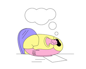 Tired man sleeping at work. Vector illustration in outline style on the theme of workaholism and fatigue.