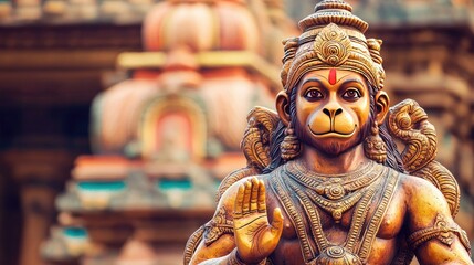 A vibrant Hanuman statue with a temple background for Hanuman Jayanti