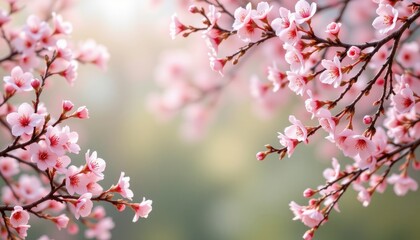 Obraz premium The delicate cherry blossoms wrap around the empty space like a graceful veil, their soft pink petals fluttering in the breeze