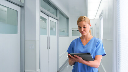 Female Doctor Wearing Scrubs In Hospital Corridor Using Digital Tablet