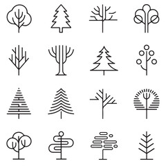 set of minimal trees linear icons outline black various vector silhouettes