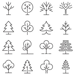 set of minimal trees linear icons outline black various vector silhouettes