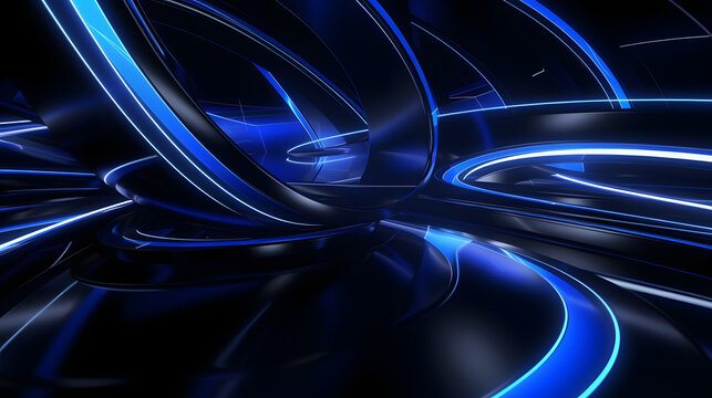 3d rendering of black and blue abstract geometric background. Scene for advertising, technology, showcase, banner, game, sport, cosmetic, business, metaverse. Sci-Fi Illustration. Product display