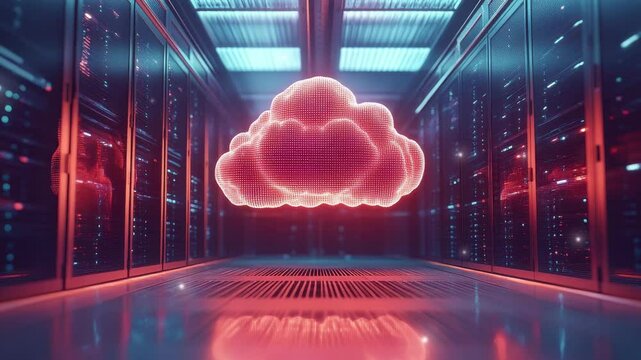 Cloud tech icon glows in data center, Futuristic server room displays modern digital tech.