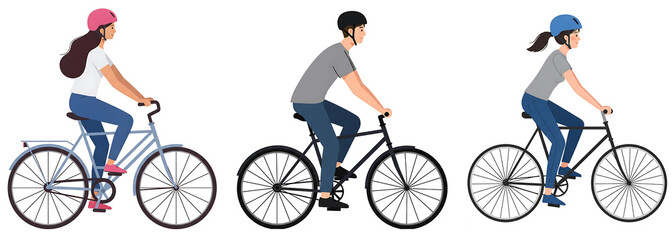 Fototapeta premium People Riding Bicycles with Helmets Urban Cycling Vector Illustration transparent background 