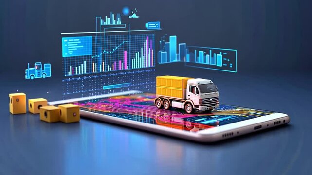 Smartphone shows holographic logistics with a mini truck and data graphics for delivery