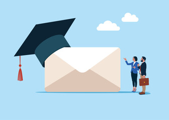 MBA. People and envelope wearing academic mortarboard hat. Study abroad world education curriculum, overseas school, college and university. Step forward winning target mortarboard degree. Invitations
