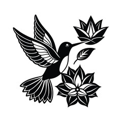 Black and White Hummingbird with Lotus Vector Art Illustration