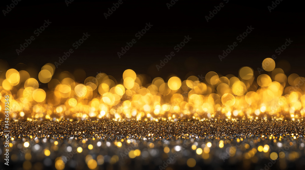 Poster golden and silver glitter texture with blurred bokeh lights, creating a festive and luxurious backgr