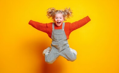 Happy Little Girl Jumping on Yellow Background