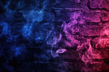 Abstract smoky texture against a dark brick wall.  Vibrant blue and purple hues