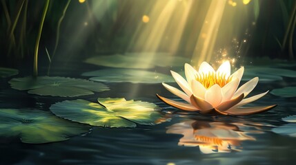 golden lotus on reflective pond surface, radiating calm under soft sun. nature image for yoga, spirituality, relaxation themes, or Buddhist event promotion, banner with copy space