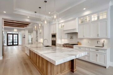 Modern Elegant White Kitchen with Wooden Island