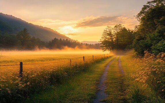 Misty sunrise over a field, path leading into a valley - Powered by Adobe